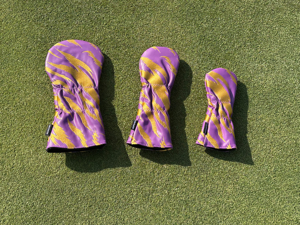 Purple and Gold Embroidered Tiger Stripe Headcovers - Driver, Fairway Wood, Hybrid