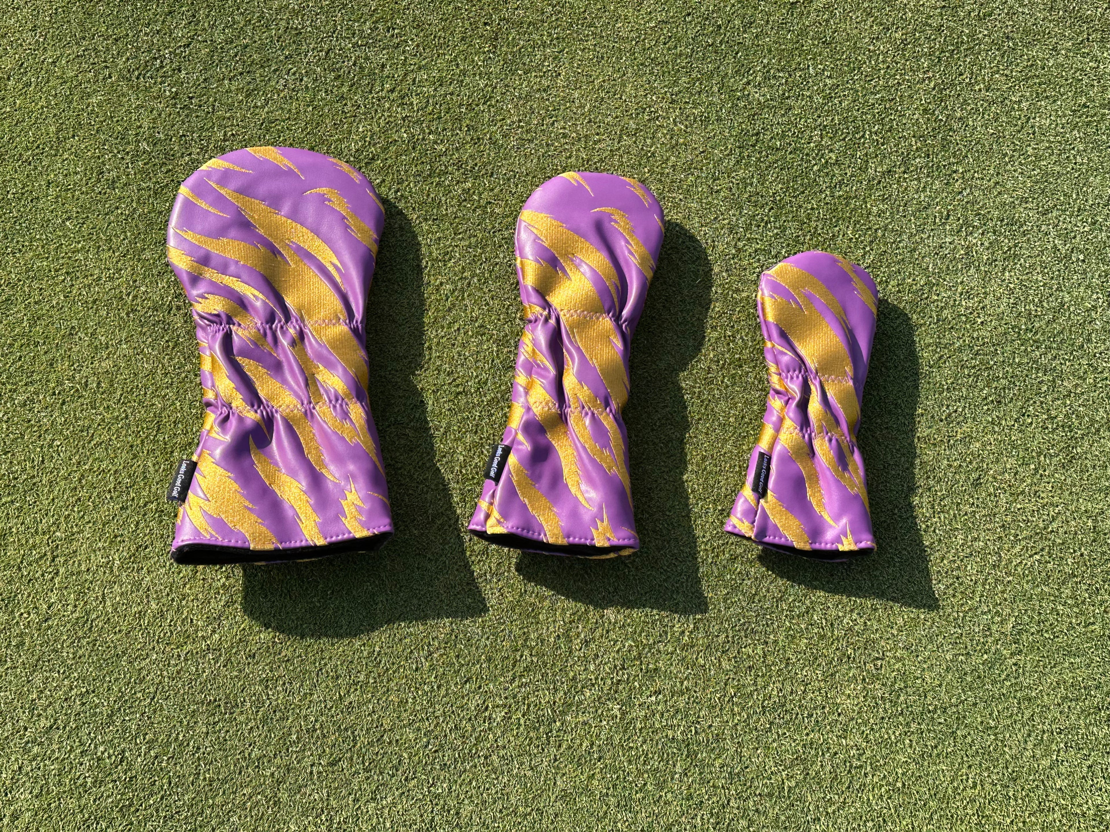 Purple and Gold Embroidered Tiger Stripe Headcovers - Driver, Fairway Wood, Hybrid