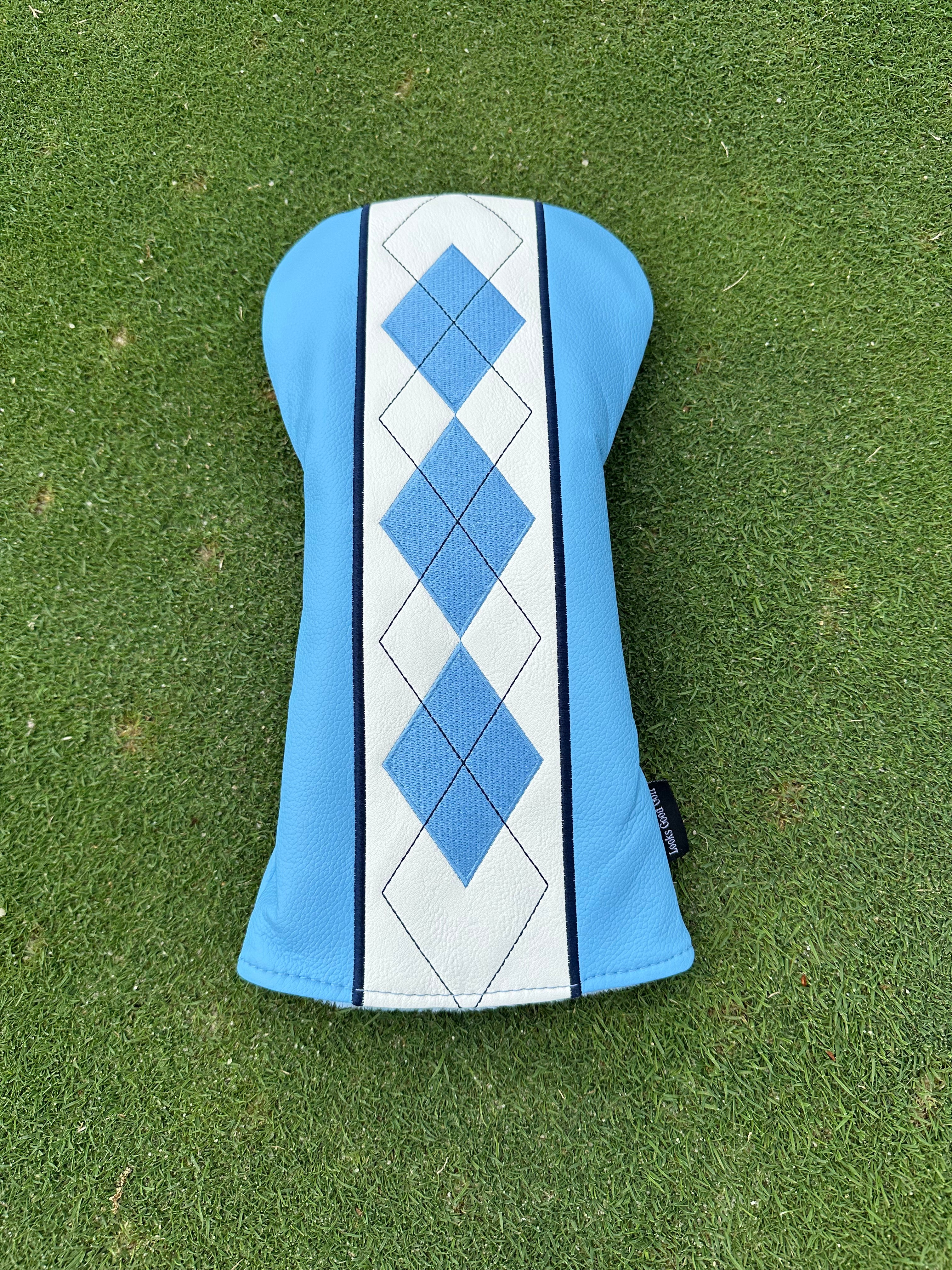 Sky Blue and White Diamond Argyle Headcovers - Driver, Fairway Wood, Hybrid
