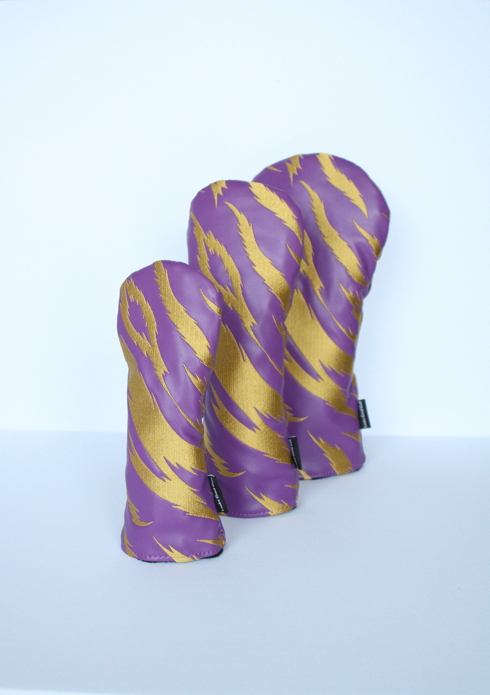 Purple and gold tiger stripe golf headcover 3-piece set side view by Looks Good Golf