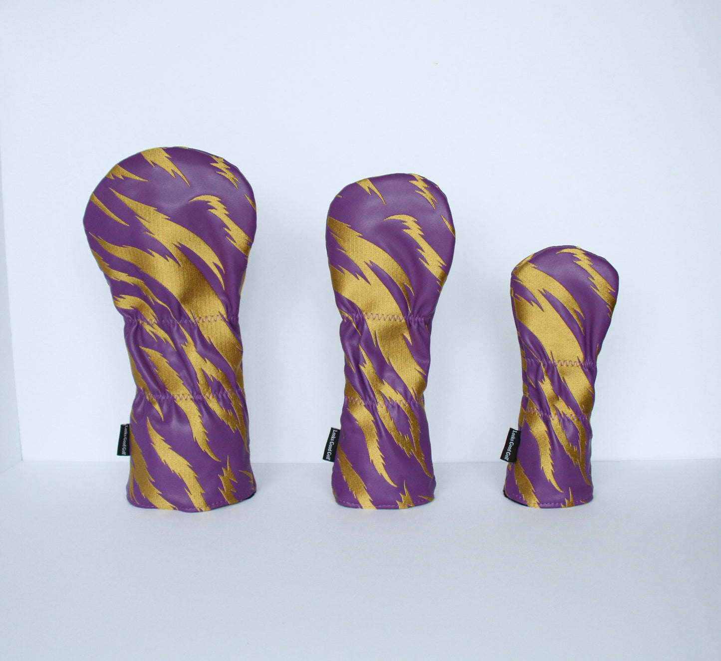 Purple and gold tiger stripe golf headcover 3-piece set back view by Looks Good Golf