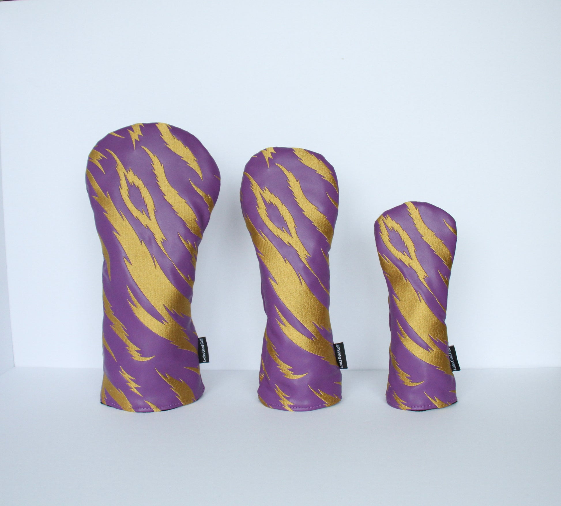 Purple and gold tiger stripe golf headcover 3-piece set front view by Looks Good Golf