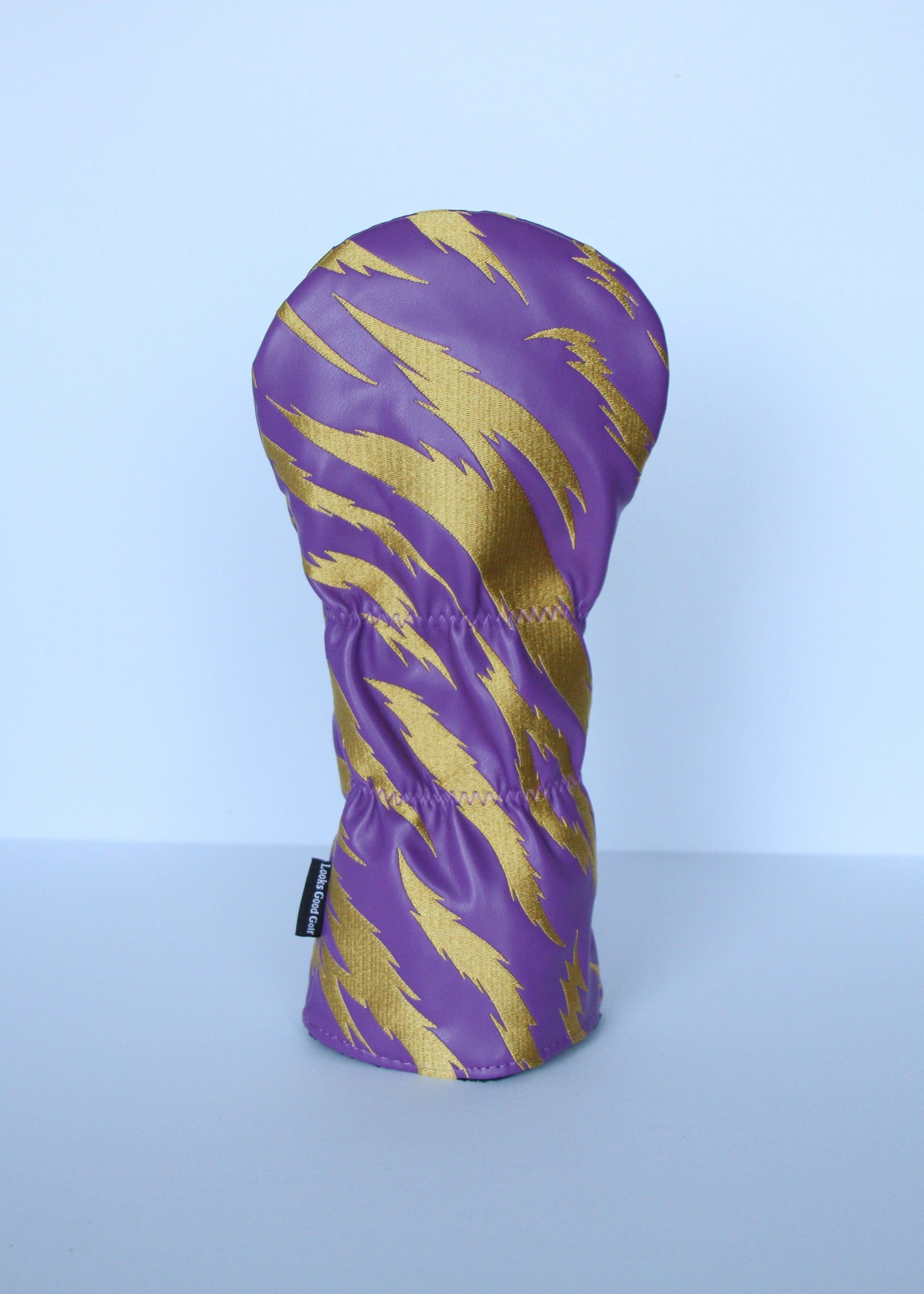 Purple and gold tiger stripe golf driver headcover back view by Looks Good Golf