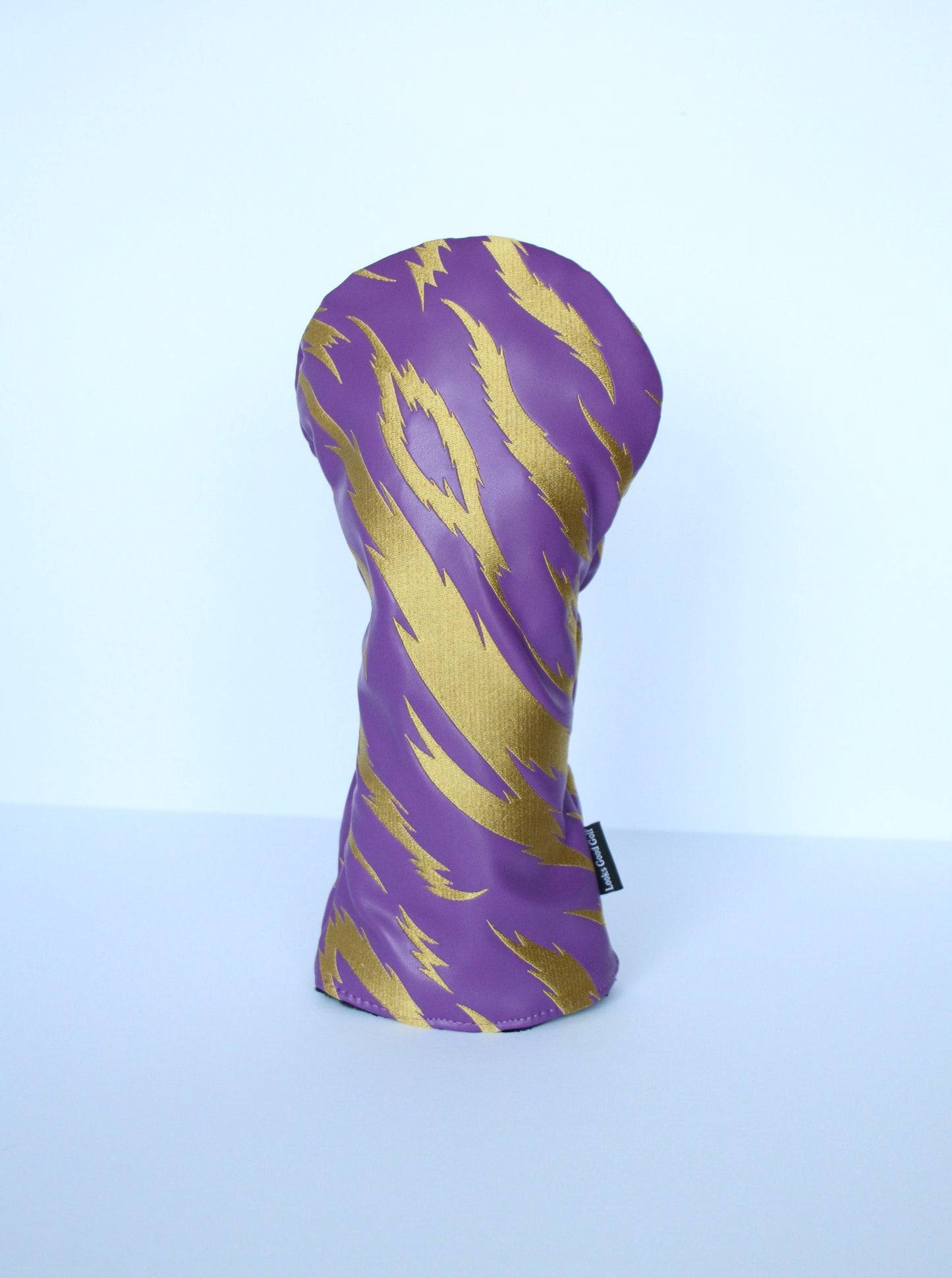 Purple and gold tiger stripe golf driver headcover front view by Looks Good Golf