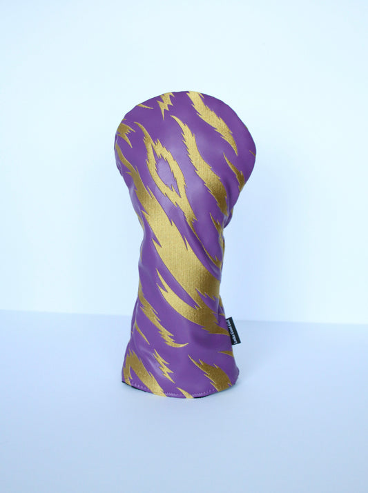 Purple and gold tiger stripe golf driver headcover front view by Looks Good Golf