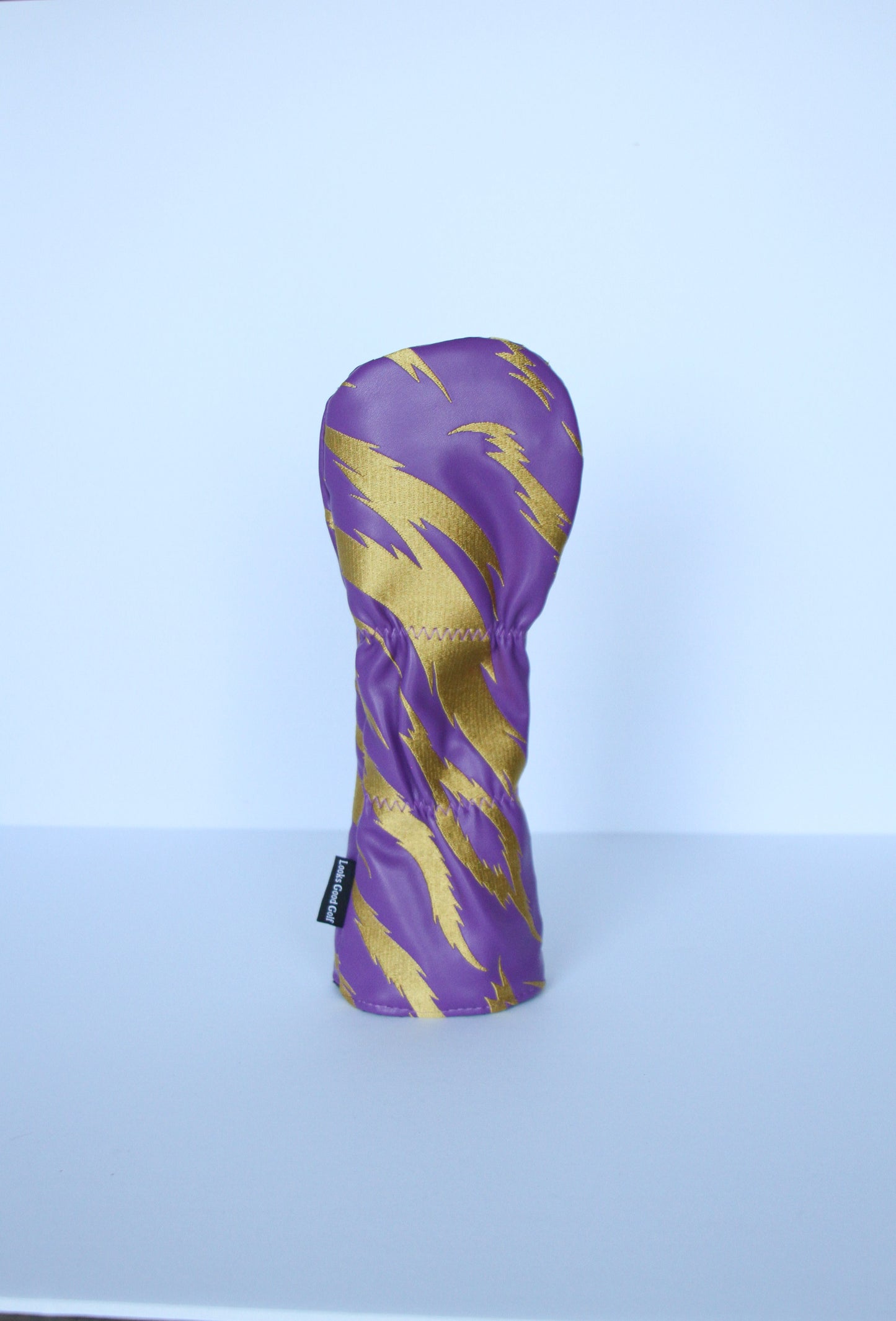 Purple and gold tiger stripe golf fairway wood headcover back view by Looks Good Golf