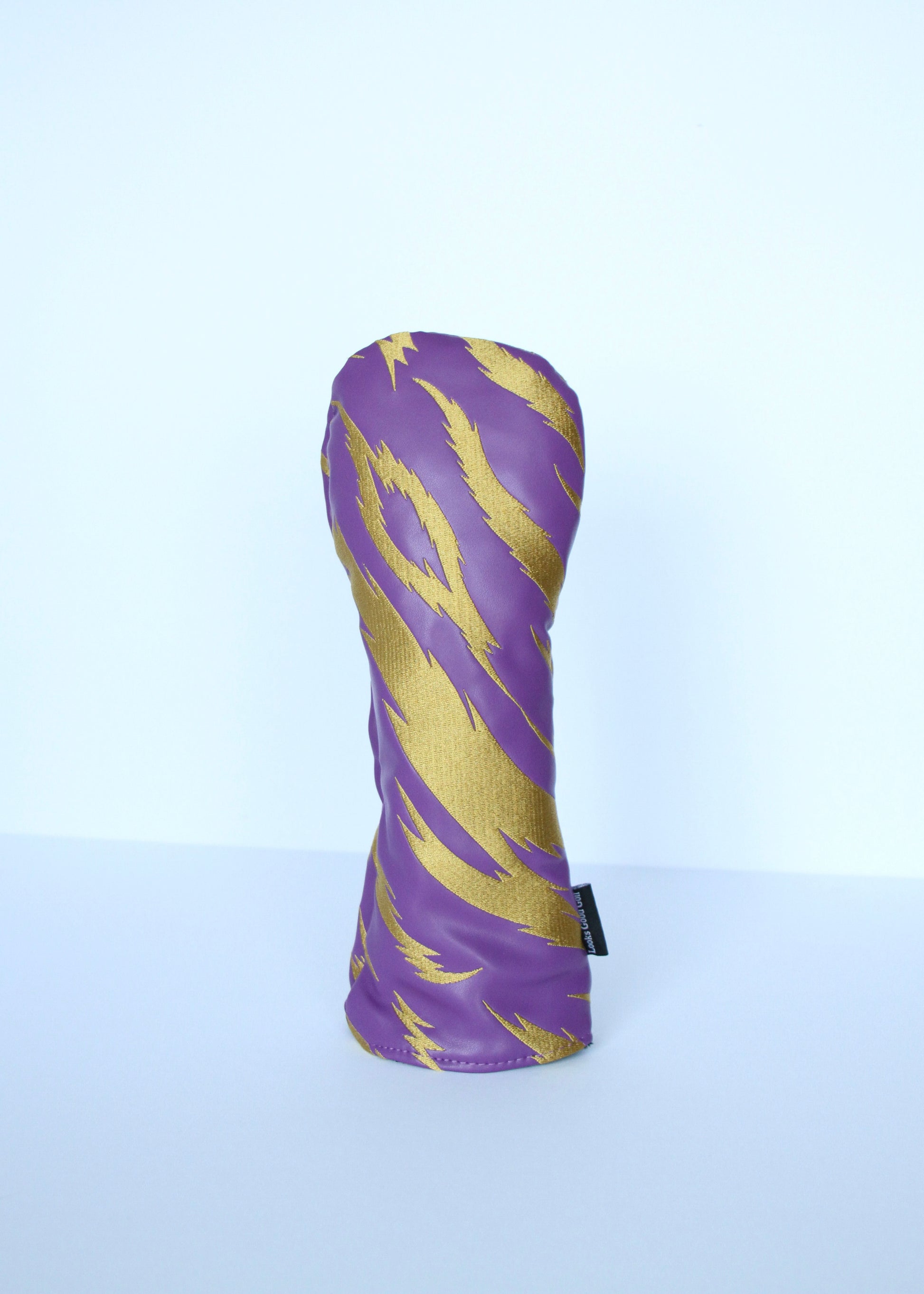 Purple and gold tiger stripe golf fairway wood headcover front view by Looks Good Golf