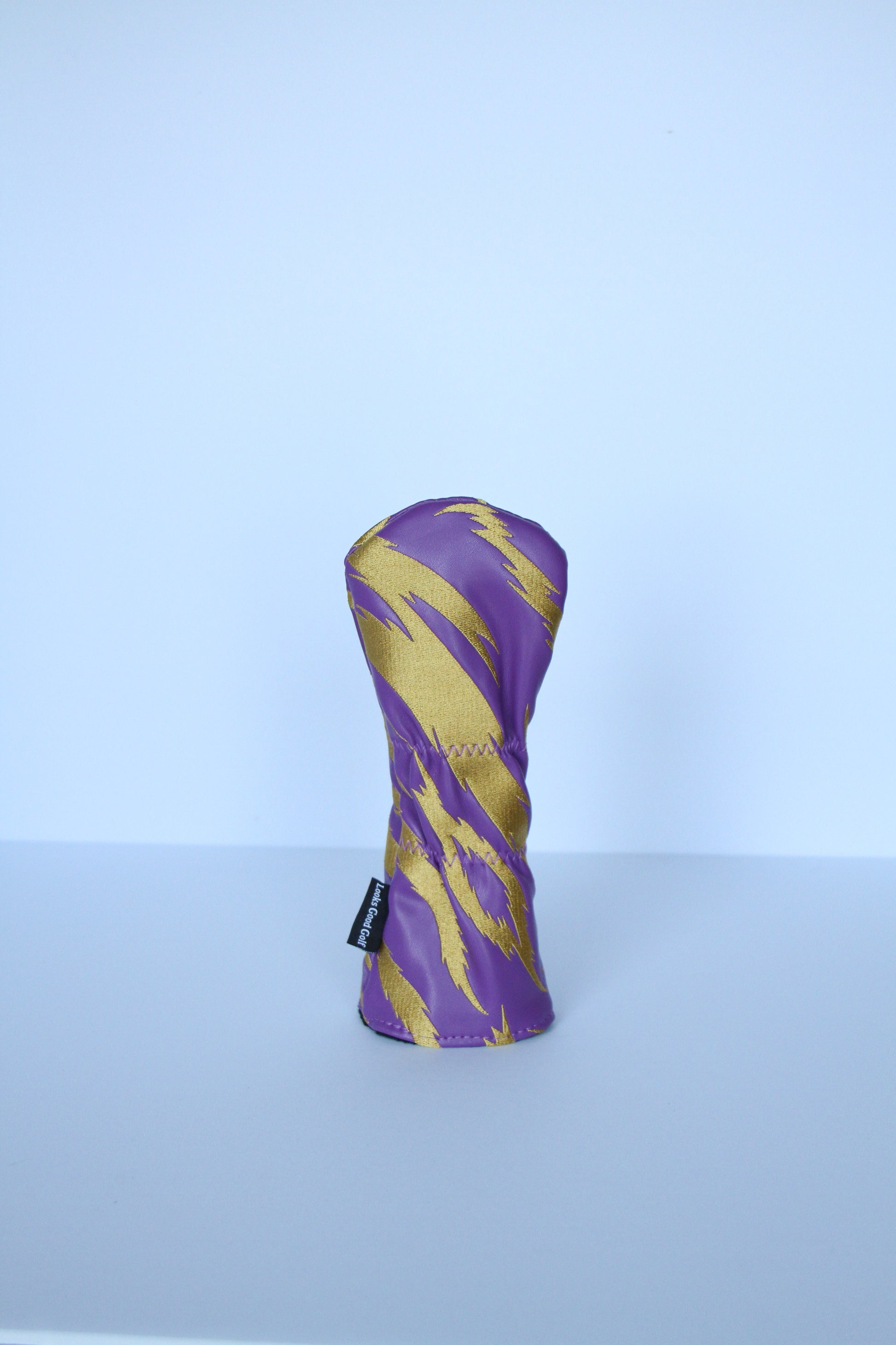 Purple and gold tiger stripe golf hybrid headcover back view by Looks Good Golf