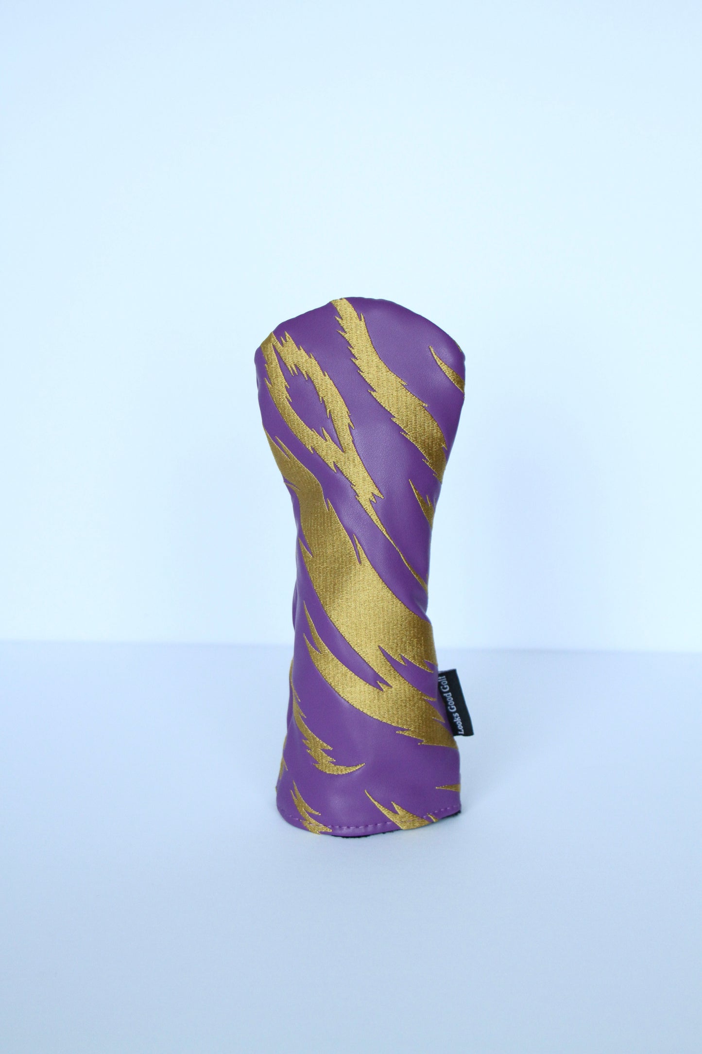 Purple and gold tiger stripe golf hybrid headcover front view by Looks Good Golf