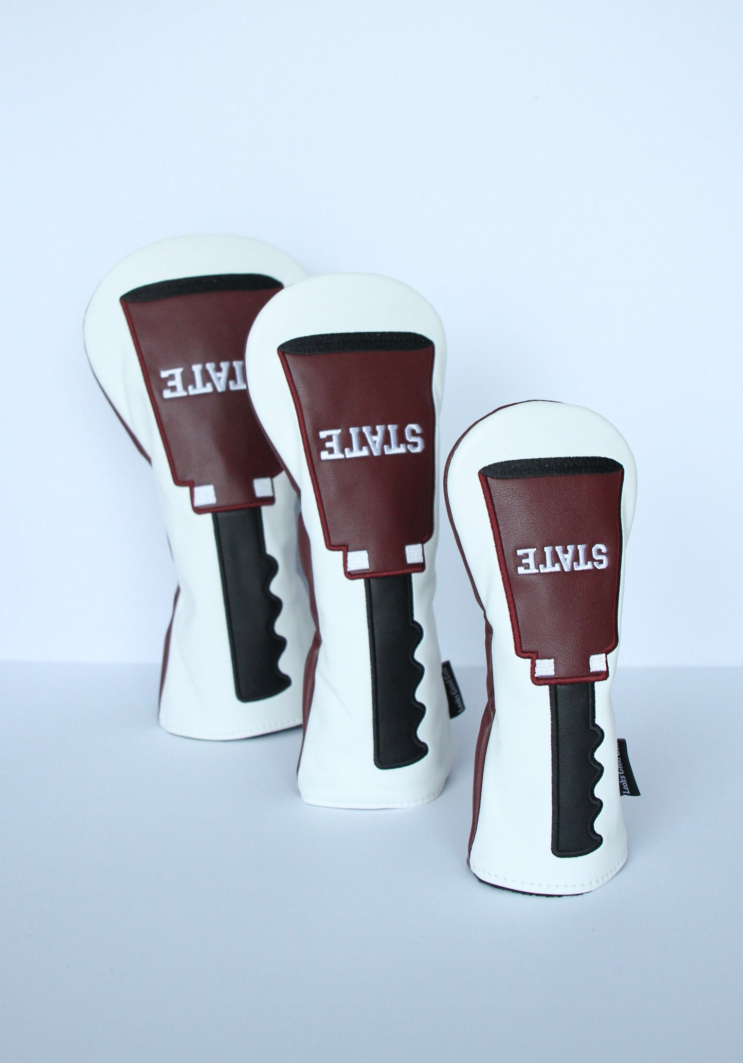Maroon and white cowbell golf driver fairway wood hybrid headcover with custom design