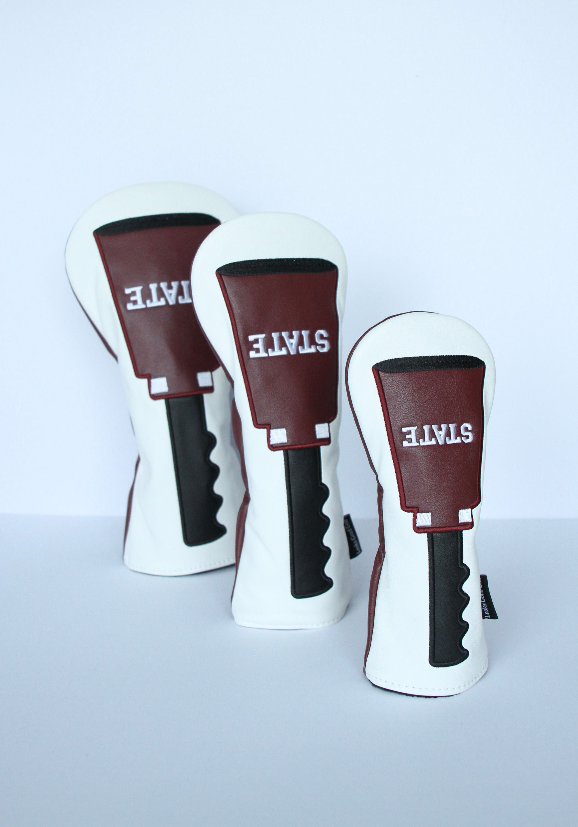 Maroon and white cowbell golf driver fairway wood hybrid headcover with custom design