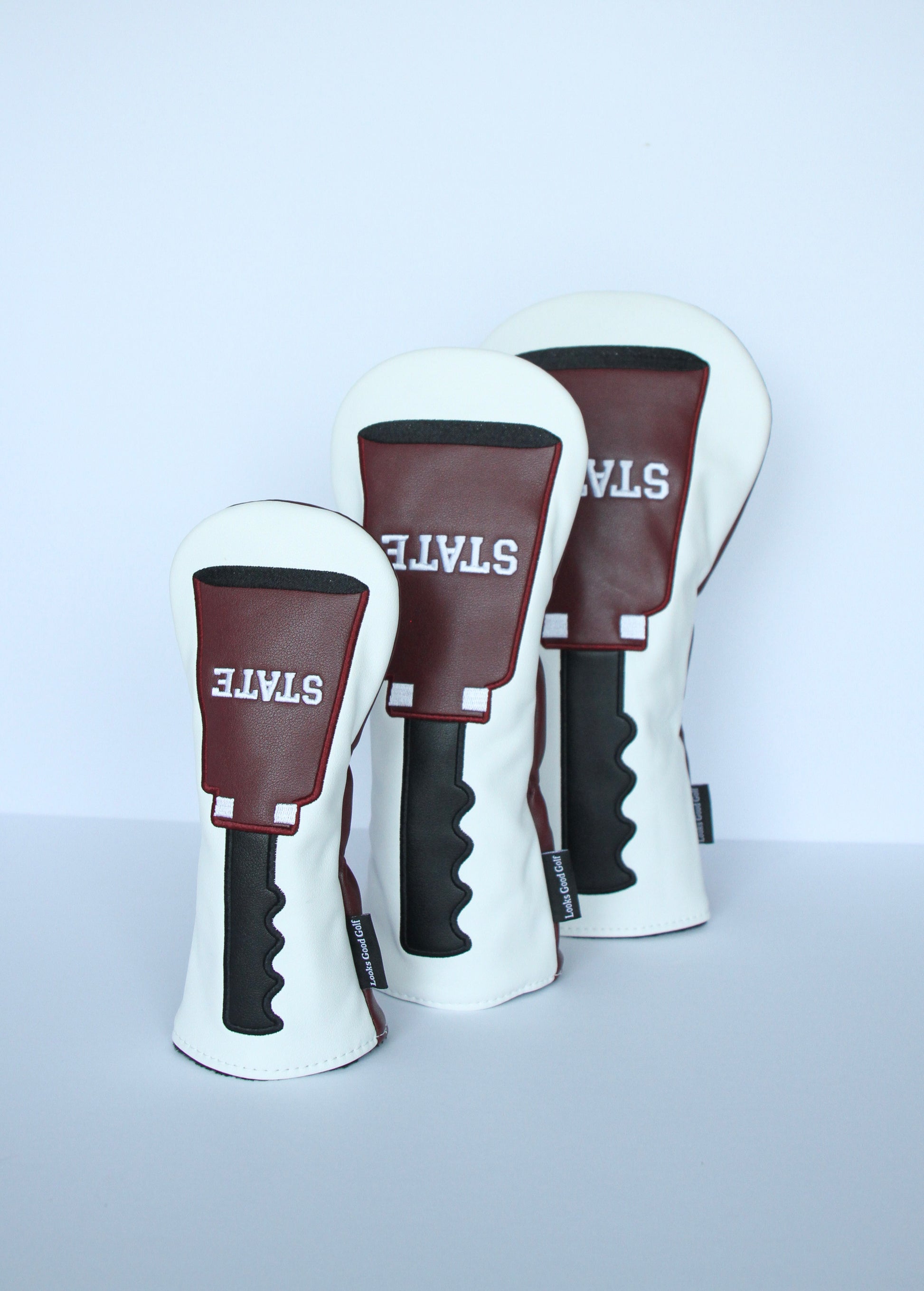 Maroon and white cowbell golf driver fairway wood hybrid headcover with custom design