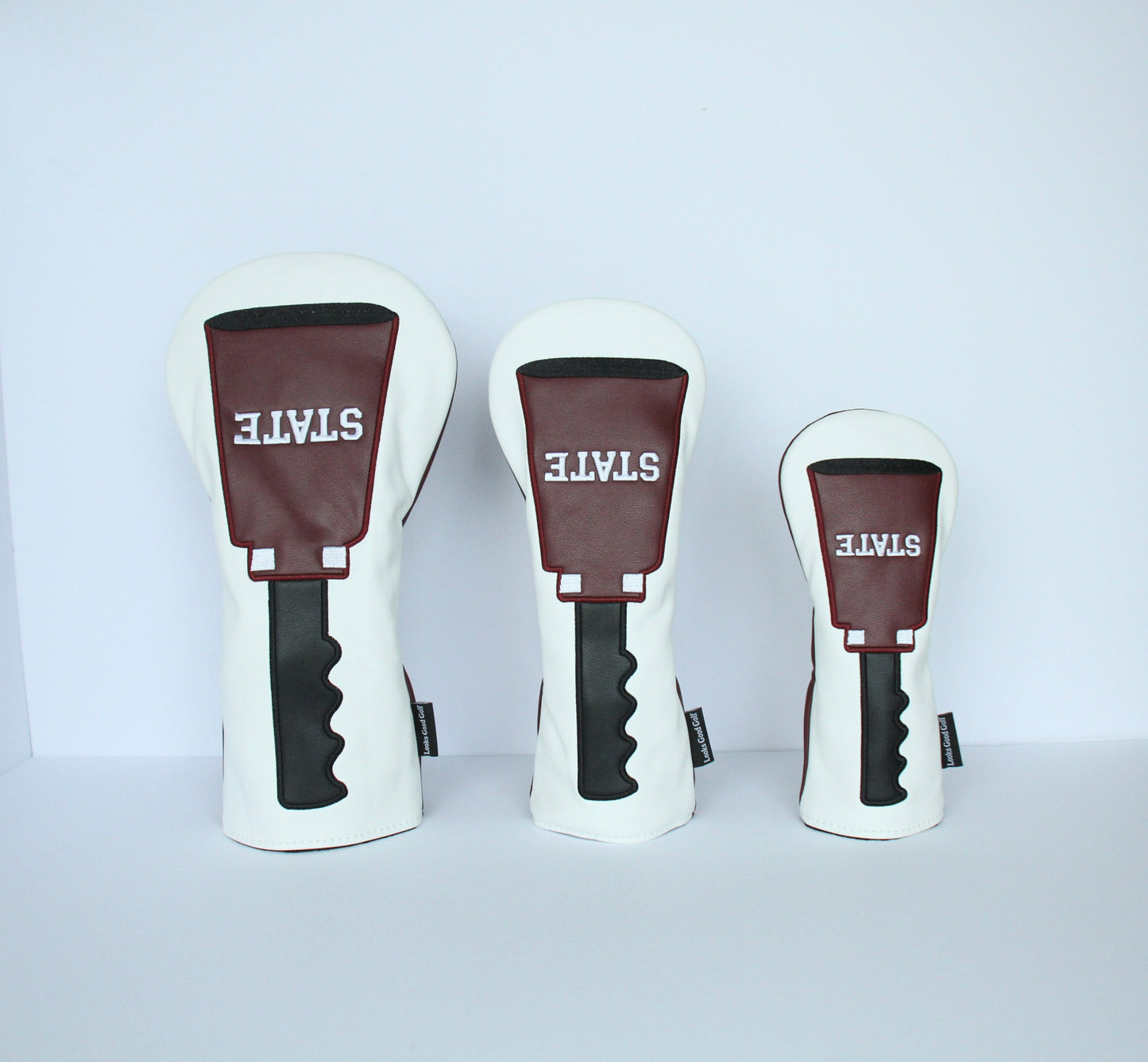 Maroon and white cowbell golf driver fairway wood hybrid headcover with custom design