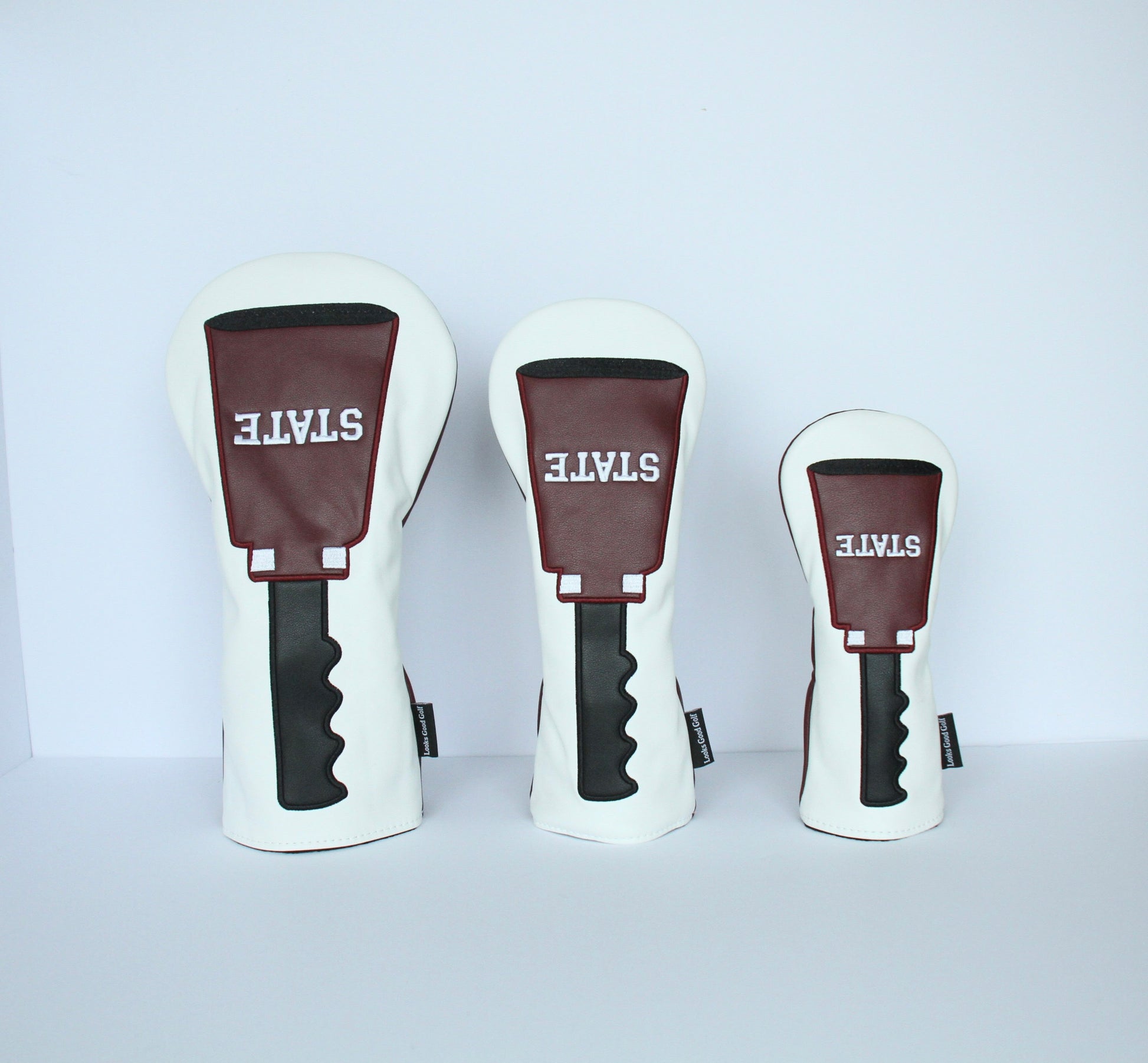 Maroon and white cowbell golf driver fairway wood hybrid headcover with custom design
