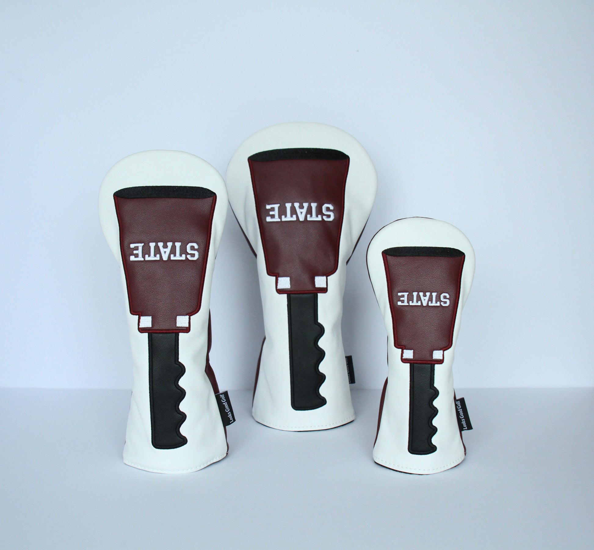 Maroon and white cowbell golf driver fairway wood hybrid headcover with custom design