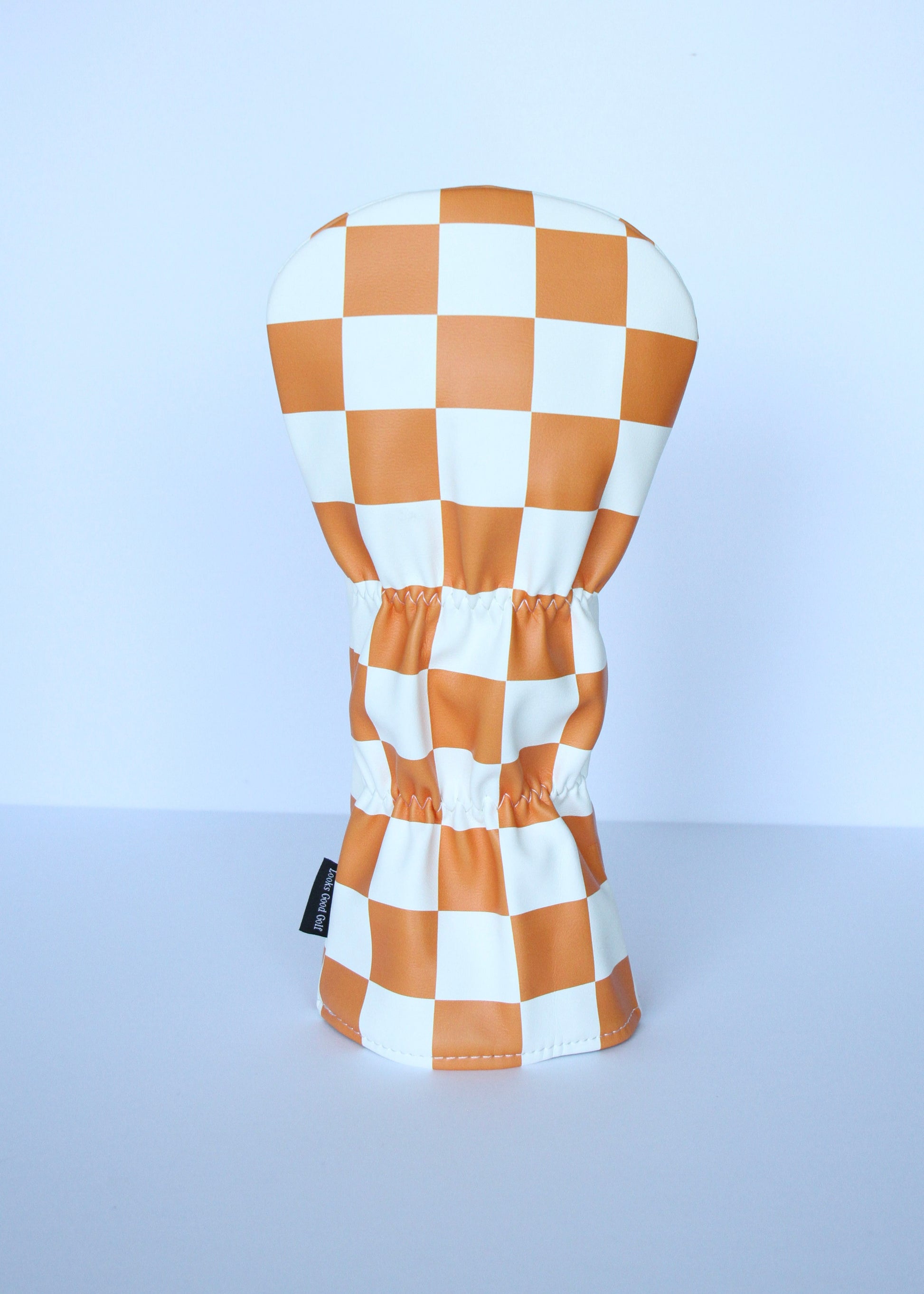 Orange and white checkerboard golf driver headcover back view by Looks Good Golf