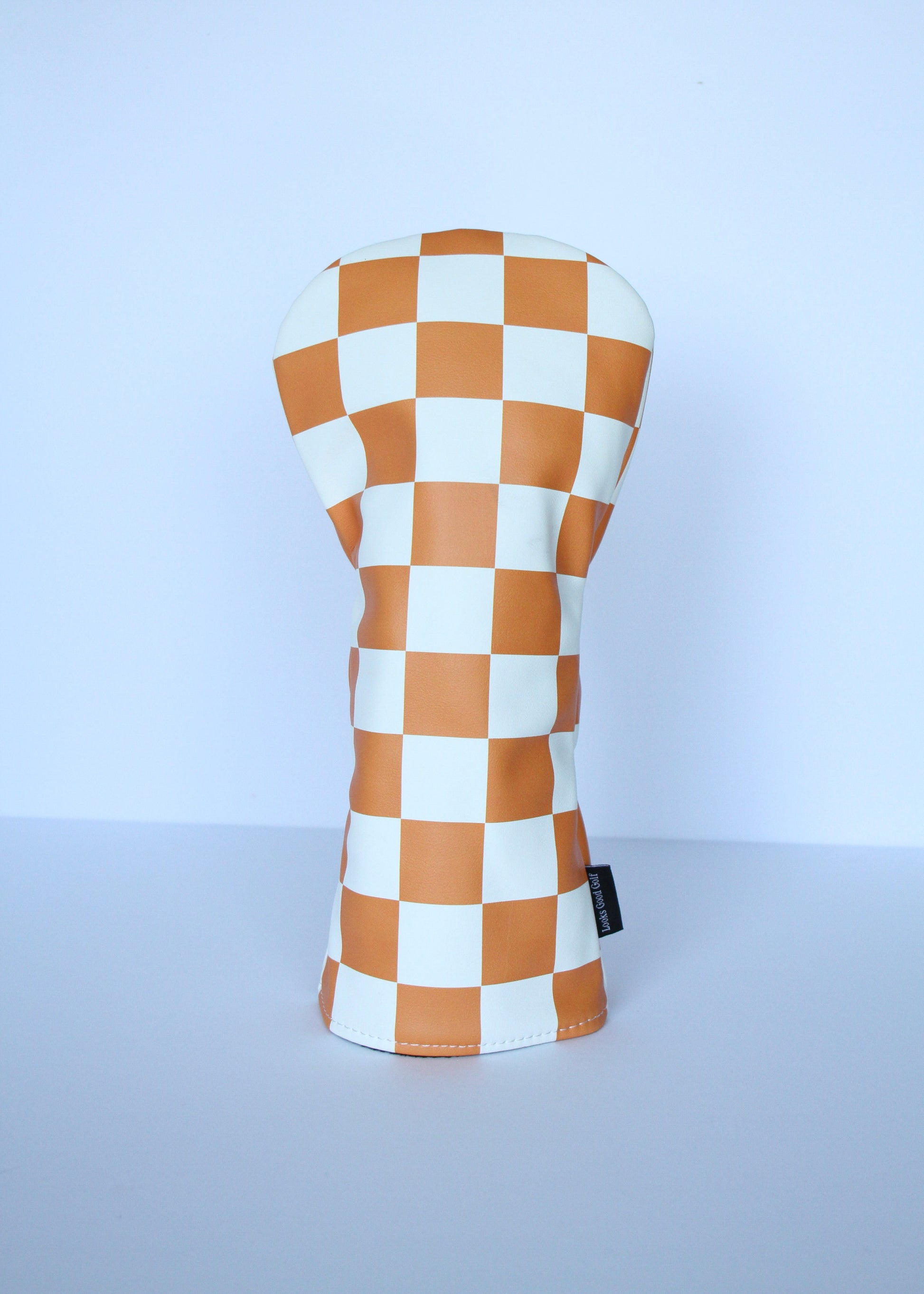 Orange and white checkerboard golf driver headcover by Looks Good Golf