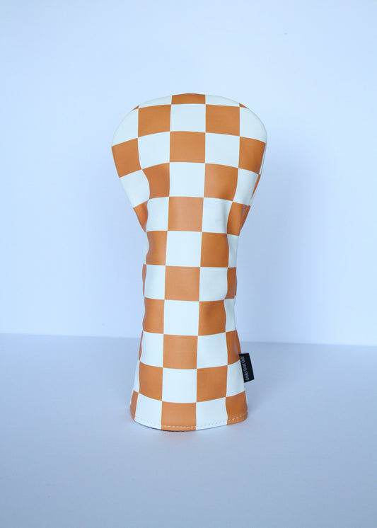 Orange and white checkerboard golf driver headcover by Looks Good Golf