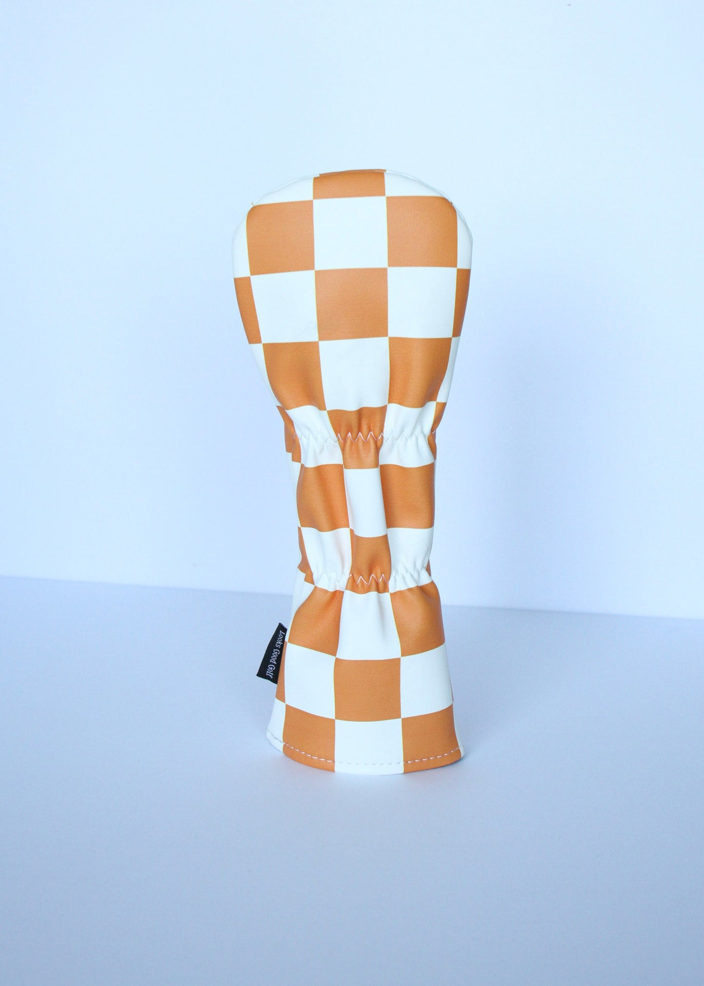 Orange and white checkerboard fairway wood headcover back view by Looks Good Golf