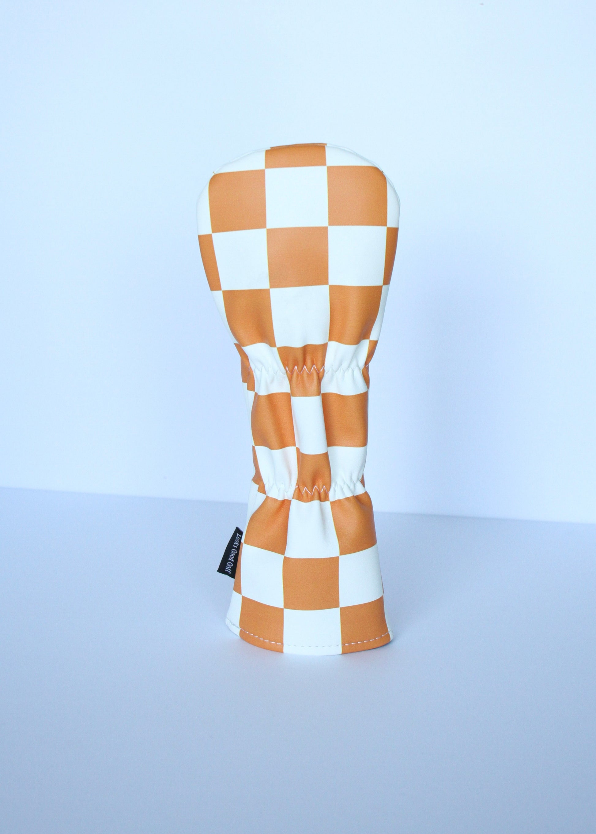 Orange and white checkerboard fairway wood headcover back view by Looks Good Golf