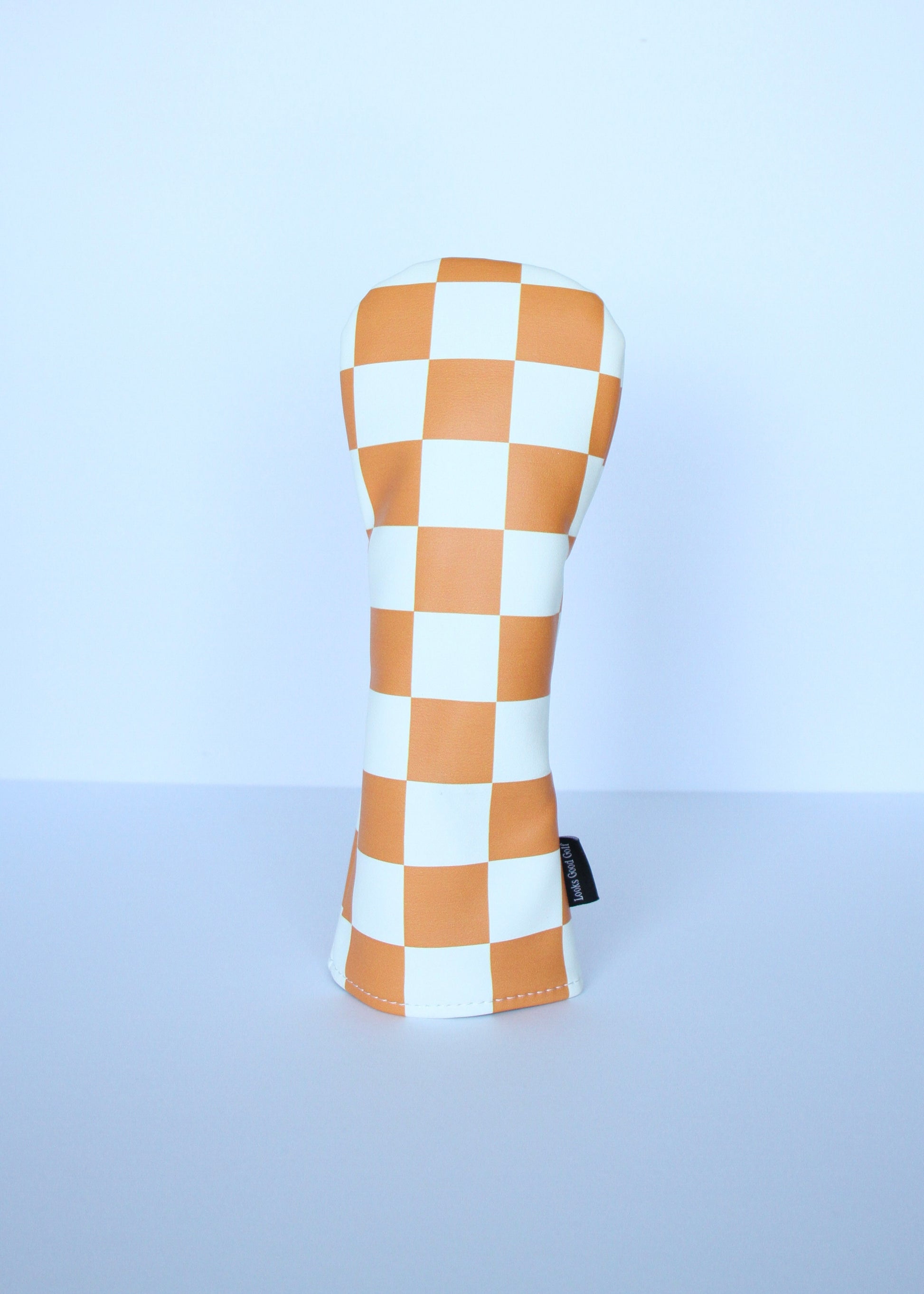 Orange and white checkerboard fairway wood headcover by Looks Good Golf