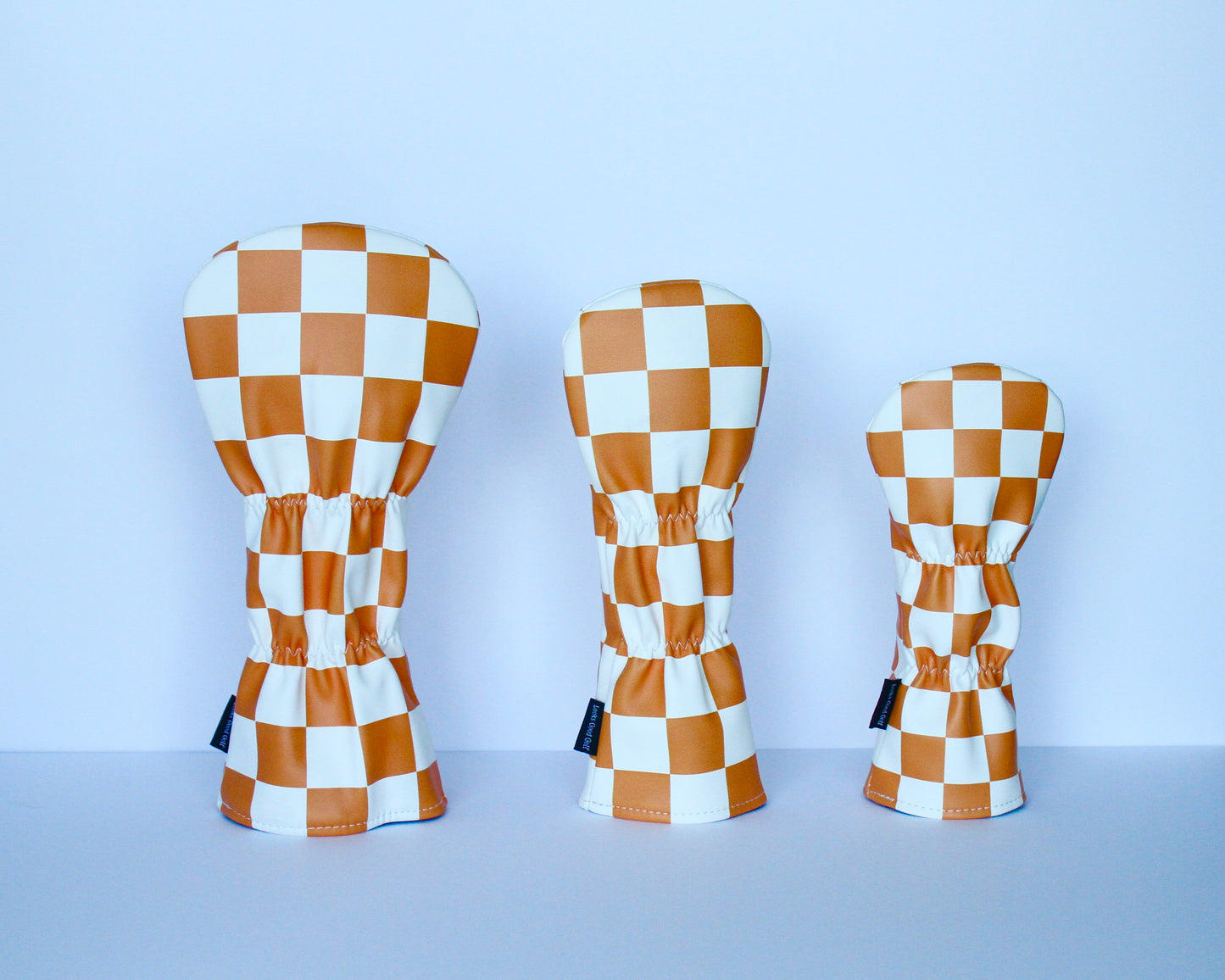 Orange and white checkerboard golf headcover set back view by Looks Good Golf