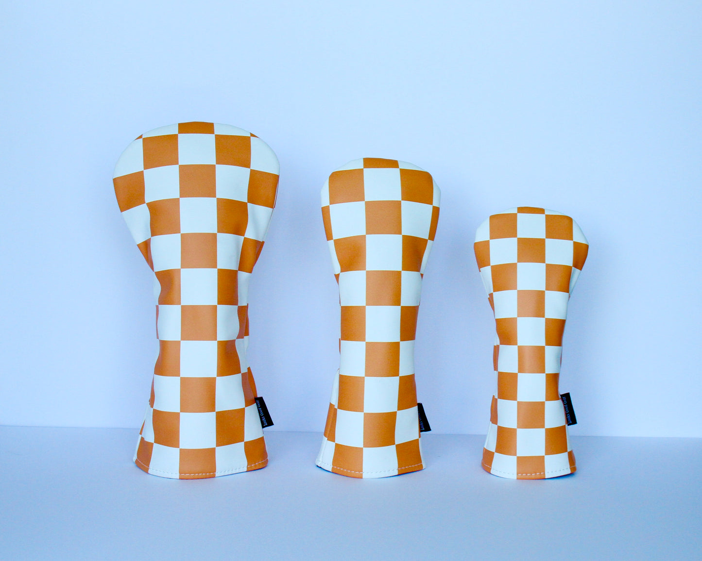 Orange and white checkerboard golf headcover set – driver, fairway wood, hybrid by Looks Good Golf