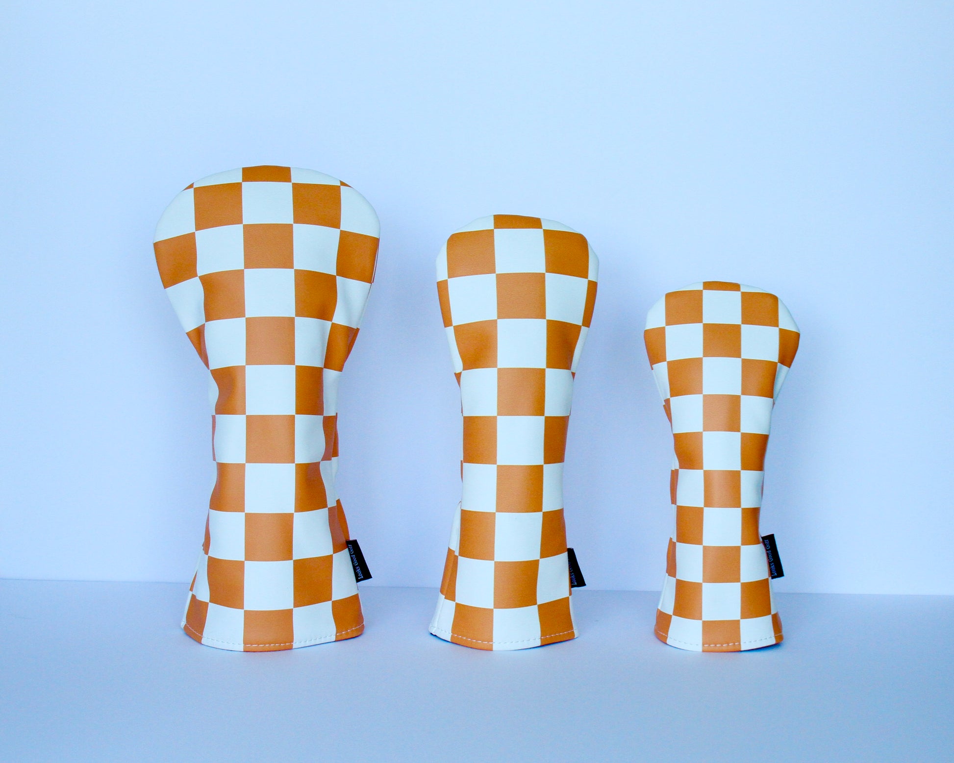 Orange and white checkerboard golf headcover set – driver, fairway wood, hybrid by Looks Good Golf