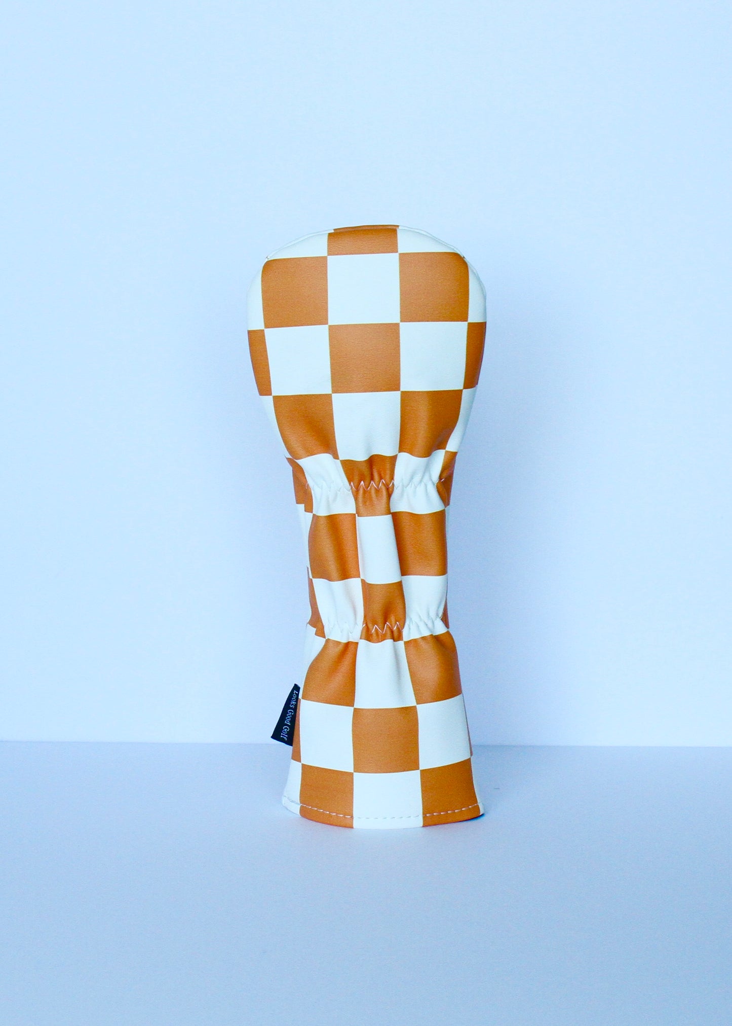Orange and white checkerboard hybrid golf headcover back view by Looks Good Golf