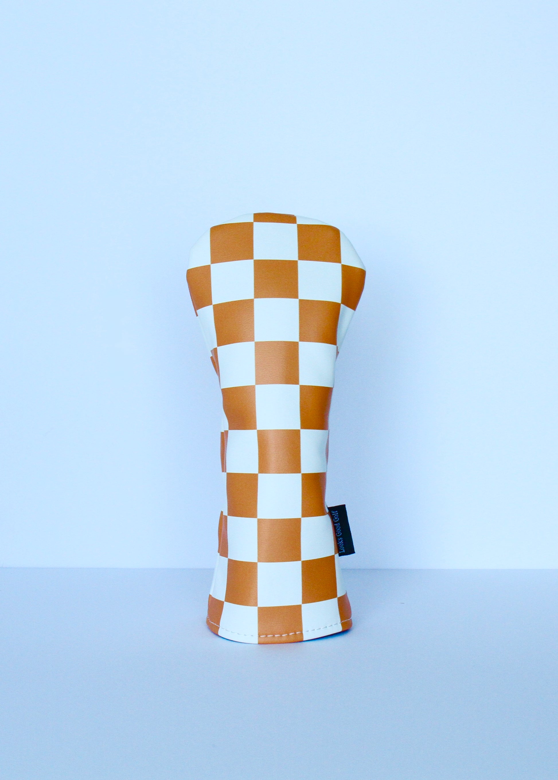 Orange and white checkerboard hybrid golf headcover by Looks Good Golf