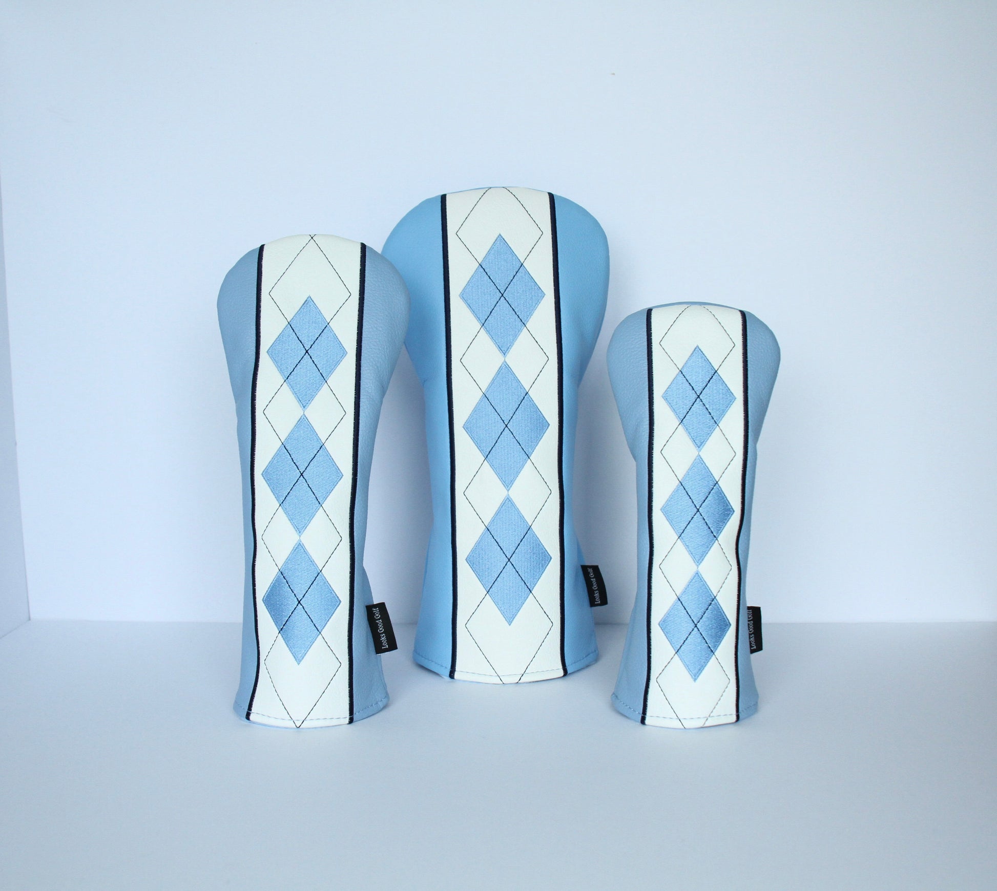 Sky blue and navy argyle golf headcover set side view by Looks Good Golf