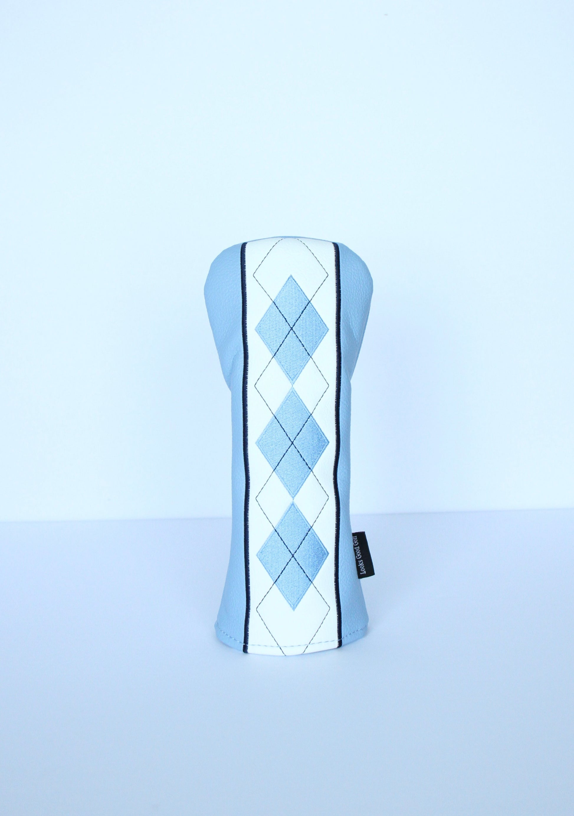 Sky blue and navy argyle hybrid golf headcover by Looks Good Golf